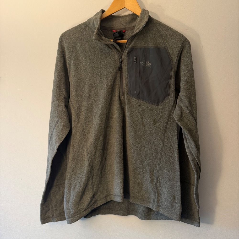 The North Face Mens Small Quarter Zip Fleece Pullover Gray Green Thumbholes